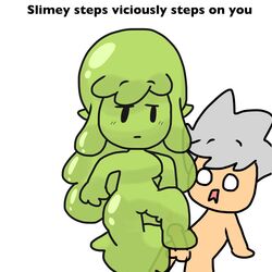 brickey mob_face simple_background slime_girl slymee stepped_on stepping_on_penis sycneit_(artist) text