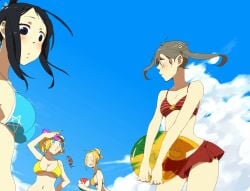 black_hair blonde_hair blue_eyes breasts clothing elizabeth_thompson female long_hair maka_albarn nakatsukasa_tsubaki patricia_thompson pixiv_id_1903356 short_hair sky soul_eater swimsuit