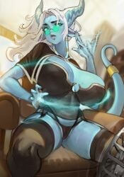 1girls armchair black_panties black_shirt blizzard_entertainment blue_skin blue_skinned_female blurry blurry_background breasts chair cleavage colored_skin draenei garter_straps green_eyes horns huge_breasts indoors large_breasts long_hair looking_at_viewer looking_over_eyewear looking_over_sunglasses magic neroartbox panties parted_bangs pointy_ears professor_bellashi_(jinxdprovidence) round_eyewear shirt short_sleeves sitting solo sunglasses sweat tail tendril thighhighs tinted_eyewear underwear warcraft waving_arm white_hair world_of_warcraft