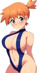 asymmetrical_hair bare_shoulders blue_eyes blue_one-piece_swimsuit blush breasts cleavage closed_mouth creatures_(company) curvy female female_focus game_freak gen_1_pokemon green_eyes gym_leader highres huge_breasts human jpeg kasumi_(pokemon) large_breasts looking_at_viewer navel neng_(user_fyxc8875) nintendo one-piece_swimsuit orange_hair pokemon pokemon_(anime) pokemon_(classic_anime) pokemon_rgby ponytail shiny_skin short_hair side_ponytail solo standing swimsuit thick_thighs thighs wide_hips