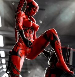 3d 3d_(artwork) abs alien alien_girl armor athletic_female big_breasts black_gloves body_markings breasts choker completely_naked completely_naked_female completely_nude completely_nude_female darth_talon gloves hyartik latex_gloves lekku lightsaber naked naked_female nude nude_female pussy red_skin sith solo solo_female star_wars tattoo tattoos thick_thighs topless twi'lek vagina