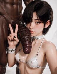 1boy 1girls ai_generated anonymous_male asian asian_female bikini_top choker dark-skinned_male dark_hair dark_skin evie_(stellar_blade) interracial large_penis nipple_bulge peace_sign petite petite_body petite_female puckered_lips shift_up short_hair small_breasts stellar_blade stellar_blade:_blood_rain veiny_penis