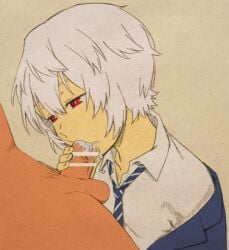 2010s 2016 2boys censor_bar censored_penis cum gay half-closed_eyes hand_on_penis holding_penis light-skinned_male light_skin red_eyes saliva short_hair skinny solo_focus suit tie unknown_artist unknown_source white_hair world_trigger young yuma_kuga