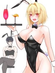 1boy 1girls alternate_breast_size alternate_version_available arcueid_brunestud big_breasts black_hair blonde_hair breasts bunny_ears bunny_suit bunnysuit chest_scar cleavage crossed_legs crossing_legs cuffs drinks female female_only flustered glasses holding_object huge_breasts large_boobs large_breasts looking_at_viewer melty_blood muscular_male pantyhose plump short_hair sitting solo sweating thick thick_hips thick_thighs tohno_shiki tsukihime type-moon vampire vampire_girl waitress wide_hips