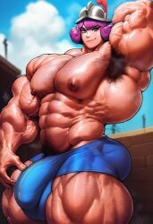 1boy abs ai_generated ambush_(trap) arm_behind_head armpit_hair armpits bara barechested biceps blue_eyes blue_sky bulge chest_hair civitai clash_(series) clash_royale cloud feet_out_of_frame genderswap_(ftm) hairy hairy_armpits hairy_arms helmet large_pecs large_pectorals leg_hair looking_at_viewer male man_boobs man_breasts man_tits muscles muscular muscular_arms muscular_male musketeer_(clash_royale) navel_hair nipples outdoors outside pecs pectorals purple_hair rule_63 sewoh26 short_hair sky smile solo solo_male thick_arms thick_thighs thighs topless topless_male wall