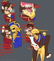 2boys bad_anatomy balls biting blush canelitabunny comic dark_deception dark_deception:_chapter_1 dark_deception:_chapter_2 dialogue fingers_in_mouth gay gold_watchers haplorhine hat male monkey murder_monkey non-human non-human_only precum primate text tongue tongue_out toony yellow_skin