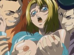 00s 2002 2boys animated bible_black bible_black_gaiden blonde_hair blue_eyes breasts female grabbing_arm grope_from_behind groping groping_breast kitami_reika large_breasts lifting_shirt lowres nipples rape short_hair sweater tagme warehouse