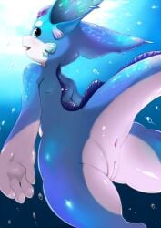 absurd_res anthro anus aquatic_dragon big_ears blue_body blue_eyes dorsal_frill dragon female female_anthro frill_(anatomy) furappe_(tororoudn) genitals hi_res marine mythological_creature mythological_scalie mythology pussy scalie tororoudn white_body