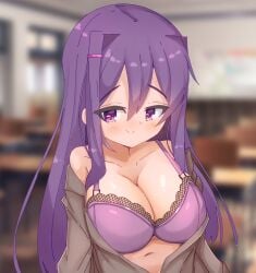 1girls blush bra bra_strap breasts classroom cleavage doki_doki_literature_club hair large_breasts long_hair navel open_clothes purple_bra purple_eyes purple_hair school_chair school_desk school_uniform solo solo_female solo_focus theartistaurora yuri_(doki_doki_literature_club)