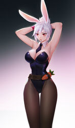 1girls 2020 alternate_costume armpits battle_bunny_riven bunny_ears bunnysuit eyeliner female female_only fixing_hair kezi league_of_legends leotard lingerie lipstick makeup pantyhose petite riot_games riven tagme white_hair