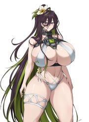 areola_slip barely_contained batako batako1812 batako_(batakoart) belly_button black_hair blush blush cleavage flower flower_in_hair goddess_of_victory:_nikke green_hair guilty_(nikke) guilty_(wave_of_disbelief)_(nikke) hand_on_thigh hi_res highres huge_breasts large_breasts light-skinned_female light_skin lips lipstick long_hair massive_breasts multicolored_hair navel ponytail purple_eyes restrained restraints simple_background smile smiling solo solo_female straps thick_thighs thighs two_tone_hair underboob white_bikini white_swimsuit