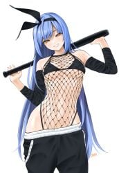 baseball_bat belly belly_button bikini_top black_clothing black_pants blue_hair chaesu fishnet fishnet_clothing hairband laughing long_hair long_pants looking_at_viewer medium_breasts minah model no_panties no_underwear orange_eyes skinny yandere