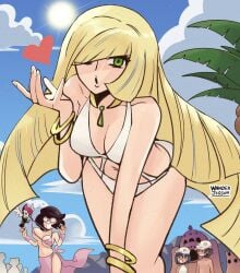 beach bent_forward big_breasts bikini blonde_hair blowing_kiss bra_pull breasts classy classy_female cleavage heart long_hair looking_at_viewer lusamine_(pokemon) milf navel pokemon pokemon_sm rich rich_girl thick_thighs thighs wanderjegson wicke_(pokemon) wink