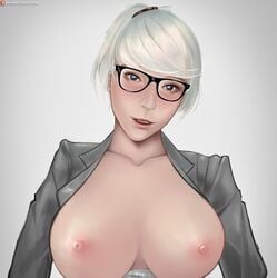 1girls areola areolae aunt big_breasts blue_eyes blush clothed female female_only glasses glasses_only grey_suit huge_breasts large_breasts lecture looking_at_viewer miki_(oc) milf oc office office_lady office_sex office_suit original original_artwork original_character patreon patreon_only_post patreon_username pony ponytail riarfian shiny_skin silver_hair soft_breasts soft_nipples soft_shading solo solo_female solo_focus suit teacher teacher_outfit teaching teasing throbbing topless upper_body white_background white_hair