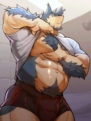 absurd_res anthro beard biped bottomwear bulge clothing digital_drawing_(artwork) digital_media_(artwork) facial_hair fur generation_2_pokemon hi_res male male_anthro muscular muscular_anthro muscular_male nintendo o_reowoof pokemon pokemon_(species) shirt shorts shower standing topwear typhlosion