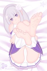 1girls bed bed_sheet dakimakura dakimakura_design elf_ears emilia_(re:zero) feet feet_first feet_together feet_up female female_only female_solo flareless foot_focus grey_hair nail_polish nails pointy_ears purple_dress purple_eyes re:zero_kara_hajimeru_isekai_seikatsu skirt soles toenail_polish toenails toes toes_scrunch white_dress white_hair