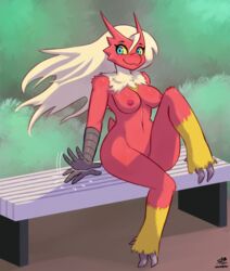 anthro avian big_breasts blaziken blonde_hair blue_eyes breasts cute_face female long_hair looking_at_viewer nintendo nipples pokemon pokemon_(species) red_fur solo soupbag video_games wholesome