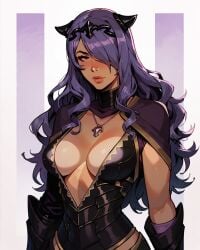 1girls abstract_background ai_art ai_generated armor blush blush camilla_(fire_emblem) cleavage collar fire_emblem fire_emblem_fates pendant plunging_neckline purple_hair saucy_trove solo stable_diffusion tagme