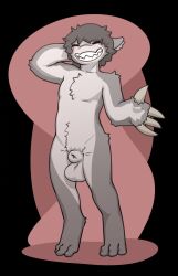 animal_genitalia anthro balls blush claw_fingers fur genitals grey_body grey_fur keffkekui male mikey_(mikey6193) monster nude sharp_teeth sheath smile solo teeth