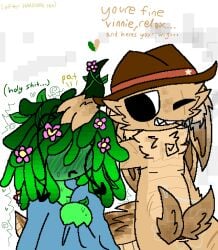 1male1female after_sex animal_humanoid antennae anthro blush_lines blushing_hard cigarette cigarette_smoke claws cowboy_hat dazed flowers_in_hair four_ears green_(sprunki) green_skin head_pat head_spikes heart_antenna hemipenes incredibox_mod multi_genitalia one_horn reptile_humanoid reptilian scars shivering shivering_in_delight sprunki sweating tan_(sprunki) tunner_(sprunki) vineria_(sprunki) vines wholesome wrapped_in_blanket