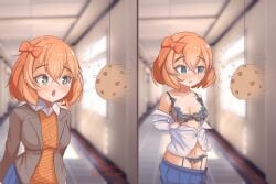 1girls 2koma blazer blue_bra blue_eyes blue_panties blue_skirt bow bra breasts cleavage comic doki_doki_literature_club hair hairbow hairbow hallway hypnosis hypnotic_eyes navel open_blazer open_clothes open_shirt panties sayori_(doki_doki_literature_club) school_uniform short_hair skirt skirt_up star_pupils star_shaped_pupils theartistaurora underwear undressing