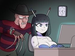 android beepo_(chunkymoon) black_hair blue_body blue_eyes freddy_krueger machine robot robot_girl