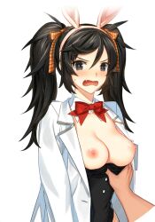 ai_generated black_bunnysuit black_eyes black_hair blush breasts_out bunny_ears_headband bunny_girl checkered_ribbon closers clothes_pull embarrassed female forced_exposure lab_coat lee_bitna_(closers) looking_at_viewer medium_breasts nipples oerba_yun_fang red_bow_tie suprised_look twintails wavy_mouth