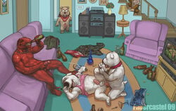 2009 5boys anal anal_penetration anal_sex anthro anthro_on_anthro beer brian_griffin canine chris_griffin collar cum cum_on_self cum_while_penetrated evil_monkey fabercastel family_guy furry gay gay_sex jasper_(family_guy) living_room male male_only meg_griffin michelangelo new_brian nude painting partially_clothed sex stewie_griffin t-rex teenage_mutant_ninja_turtles television tv tyrannosaurus tyrannosaurus_rex walking_in_on