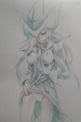 1girls artist_request dress erect_nipples female female_only hat lifted_by_self lifted_dress panties silent_magician silver_hair small_image solo thighs underwear wizard_hat yu-gi-oh!