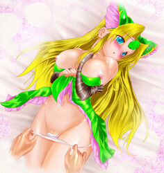 blonde_hair blue_eyes blush breasts bridal_gauntlets detached_sleeves elbow_gloves gloves head_wings headwings helmet large_breasts long_hair lying mokomoko_yanakku oikawasyu panties panty_pull riesz seiken_densetsu seiken_densetsu_3 uncensored underwear undressing winged_helmet