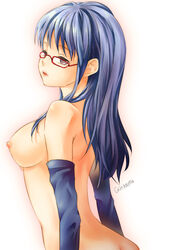 1girls elbow_gloves female female_only gintama glasses long_hair looking_at_viewer looking_back medium_breasts mostly_nude naked_gloves purple_hair red-framed_glasses sarutobi_ayame sideboob solo tachiuo