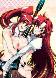 2girls asymmetrical_docking breast_press breasts female glasses gun long_hair multiple_girls nipples_touching ponytail red_hair rifle selfcest shirt_lift soyoking symmetrical_docking tengen_toppa_gurren-lagann tengen_toppa_gurren_lagann tied_hair time_paradox topless weapon yellow_eyes yoko_littner yomako yuri