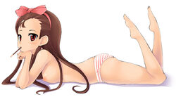 barefoot bow brown_eyes brown_hair eating error feet hairband idolmaster long_hair minase_iori nipples on_stomach panties pocky shachi_kamaboko simple_background solo striped striped_panties topless underwear underwear_only