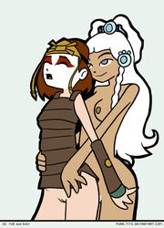 2girls artist_name avatar_legends avatar_the_last_airbender clothing dark-skinned_female dark_skin earth_kingdom female female_only human kyoshi_warrior multiple_females multiple_girls nickelodeon pure-tits small_breasts straight_hair suki water_tribe yue yuri