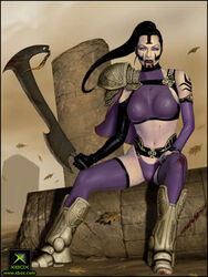 armor black_hair blood_omen_2 breasts concept_art erect_nipples eyeshadow female hair large_breasts legacy_of_kain legs makeup navel nipples official_art panties umah weapon