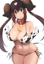 1girls 2021 2d_(artwork) alternate_breast_size bent_wrist bikini blue_eyes breasts brown_hair choker cleavage cow_bikini cow_print cow_print_armwear cowbell female female_only hat hi_res hips huge_breasts kuronyan long_hair looking_at_viewer nintendo pokemon pokemon_bw2 rosa_(pokemon) side-tie_bikini simple_background slim_waist smile thick_thighs thighs white_background wide_hips