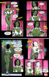 1girls abs areola ass avengers big_breasts bowtie cleavage co4 color colored comic dialogue earrings english_text female female_only green_eyes green_hair green_skin high_heels hulk_(series) large_breasts long_hair marvel marvel_comics nipples panties pie_in_face she-hulk solo text thong