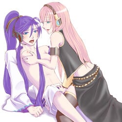 2girls blue_eyes breasts clothed clothed_female clothes clothing female female/female female_only gakupo_kamui genderswap genderswap_(mtf) hand_on_breast long_hair megurine_luka multiple_girls open_clothes open_shirt pink_hair plain_background ponytail purple_hair rule_63 simple_background vocaloid white_background yuri