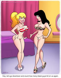 2girls archie_comics betty_cooper between_labia bikini bimbo black_hair blonde_hair english_text female footwear friends human innie_pussy john_persons large_breasts moose_(artist) pale_skin swimwear teenage_girl teenager text veronica_lodge