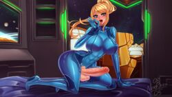 1futa abs balls beauty_mark big_breasts blonde_hair blue_eyes bodysuit breasts detailed_background dick futanari high_heels metroid nenerhea nintendo ponytail samus_aran solo suggestive_gesture testicles tied_hair tongue_out veiny_penis wedge_heels