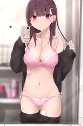 1girls bandaid big_breasts blurry_background blush bra breasts brown_hair clothing ear_piercing female heart jewelry kanju legs_together long_hair matching_underwear mirror mole mole_on_breast nail_polish navel off_shoulder original original_character panties partially_clothed pink_bra pink_eyes pink_panties ring selfie smartphone thighs underwear