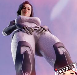 1girls 3d 3d_(artwork) big_breasts black_hair bodysuit curly_hair curvaceous curvy curvy_figure female female_only flirting high_resolution highres human human_only lewdality long_hair looking_at_viewer looking_down low-angle_view mass_effect mass_effect_2 mass_effect_3 miranda_lawson skin_tight solo thigh_boots thighhighs