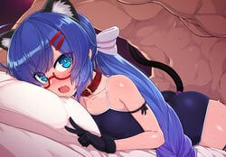 1boy 1girls ahoge anal_tail animal_ears bangs black_gloves blue_eyes blue_hair blush cat_ears cat_tail clothed_female_nude_male collar cute_fang fake_tail female glasses gloves hair_ornament hairclip highres long_hair lying nude null_(nyanpyoun) oerba_yun_fang on_side one-piece_swimsuit open_mouth otomachi_una pillow prone_bone semi-rimless_eyewear sex sex_from_behind sex_toy solo_focus straight swimsuit tail talkex v vocaloid