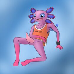 1:1 amphibian animal_genitalia anthro axo_(fortnite) axolotl bottomless clothed clothing dishwater_(artist) embarrassed epic_games erection fortnite full-length_portrait genitals gradient_background half_naked jersey male mole_salamander nervous penis portrait salamander_(amphibian) sheath simple_background sitting slit smile solo solo_male sweatband video_games