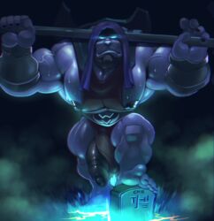 1boy cursedmarked facial_hair feet flaccid glowing_eyes grave gravestone headstone league_of_legends loincloth loincloth_aside looking_at_viewer male_only sweat unretracted_foreskin veins veiny_arms veiny_muscles veiny_penis weapon_behind_head yorick