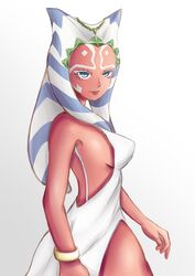 1girls ahsoka_tano alien alien_girl blue_eyes bracelet breasts clone_wars dress eyelashes face_tattoo facial_markings female female_only jewelry sideboob simple_background small_mouth solo standing star_wars tattoo togruta w7arts white_background white_dress white_eyelashes