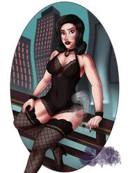 bioshock bioshock_infinite black_hair blue_eyes cigarette elizabeth_comstock jzerosk medium_breasts milf red_lips red_nails smoking