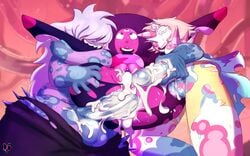 1girls 2futas ahe_gao amethyst_(steven_universe) anal anal_sex balls cartoon_network clitoris corrupted_gem corruption cum_in_anus cum_in_ass cum_in_pussy cum_inside cum_overflow excessive_cum feet female futa_on_female futanari garnet_(steven_universe) gem_(species) gem_fusion legs_up pearl_(steven_universe) penis roll3d6 rolld6toporn steven_universe tagme torn_clothes