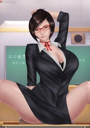 1girls arm_up artist_name artist_signature bedroom_eyes black_bra black_skirt blackboard bra breasts brown_eyes brown_hair chalkboard choker classroom cleavage clothed collarbone collared_shirt curvy eyewear female female_only front_view genka_kunahito glasses hair_bun half-closed_eyes hand_behind_head highres huge_breasts human indoors japanese_text looking_at_viewer open_mouth patreon_link patreon_logo patreon_username posing red-framed_glasses red_choker riarfian ribbon_choker shiny_skin shirt skimpy skirt smile smirk solo spread_legs suit suit_jacket teacher text thick_thighs url wide_hips yandere_simulator