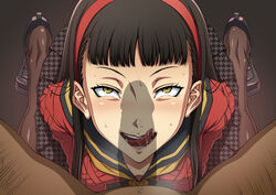 1boy 1girls amagi_yukiko atlus bangs blunt_bangs blush brown_hair clothed_female_nude_male dark-skinned_male dark_skin erection female hairband interracial kneeling licking_lips looking_at_viewer naughty_face nude open_mouth penis penis_awe penis_on_face penis_shadow persona persona_4 persona_4_the_golden pov saliva school_uniform sega shadow_(persona) shadow_self_(persona) shadow_yukiko shunzou skirt sweatdrop tongue tongue_out yellow_eyes